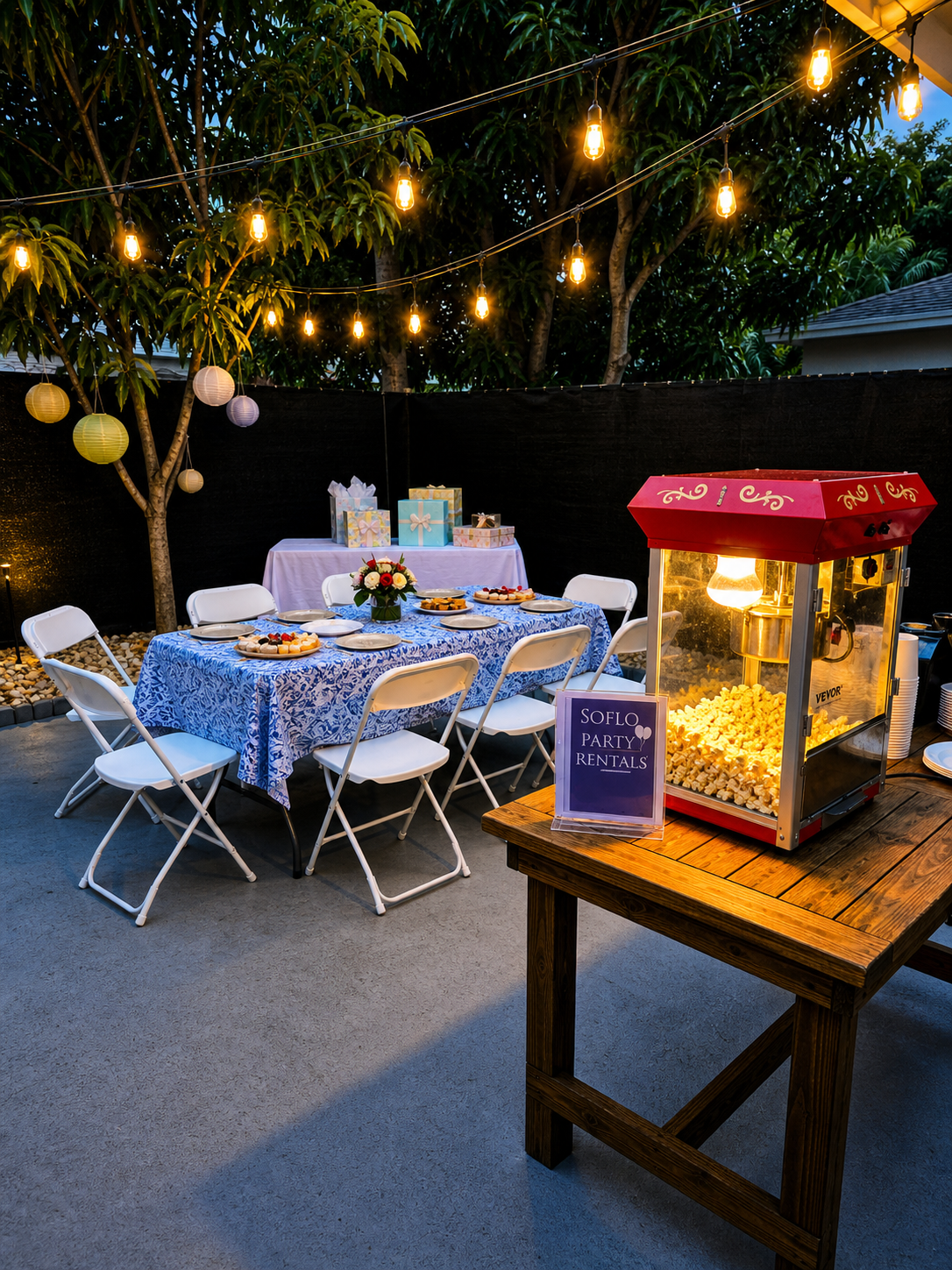 A South Florida backyard party setup with chairs and tables