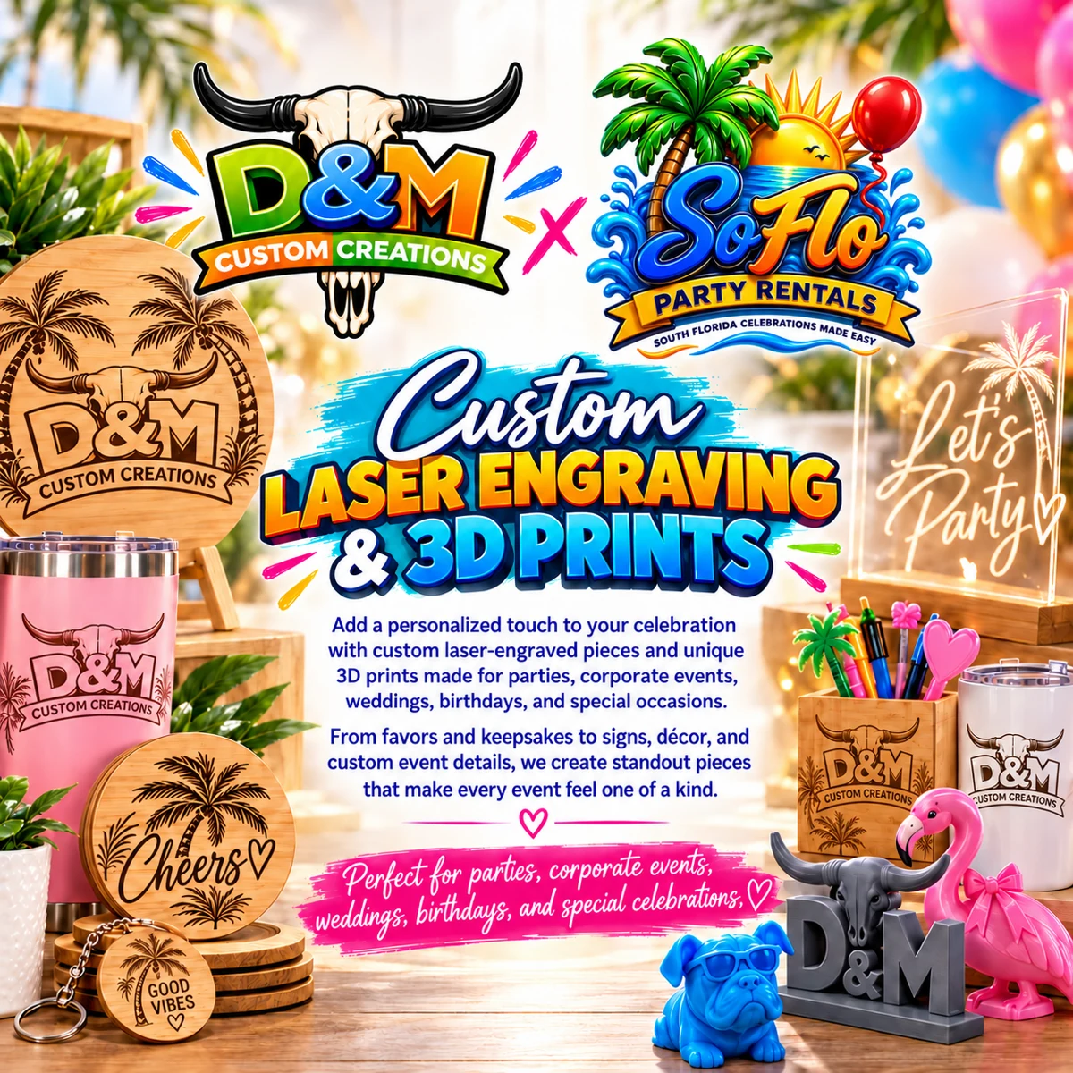 Examples of personalized laser engraving and 3D printing