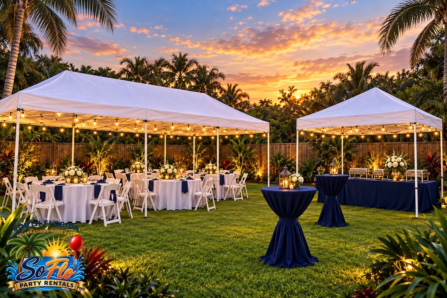 White tents with seating and string lights